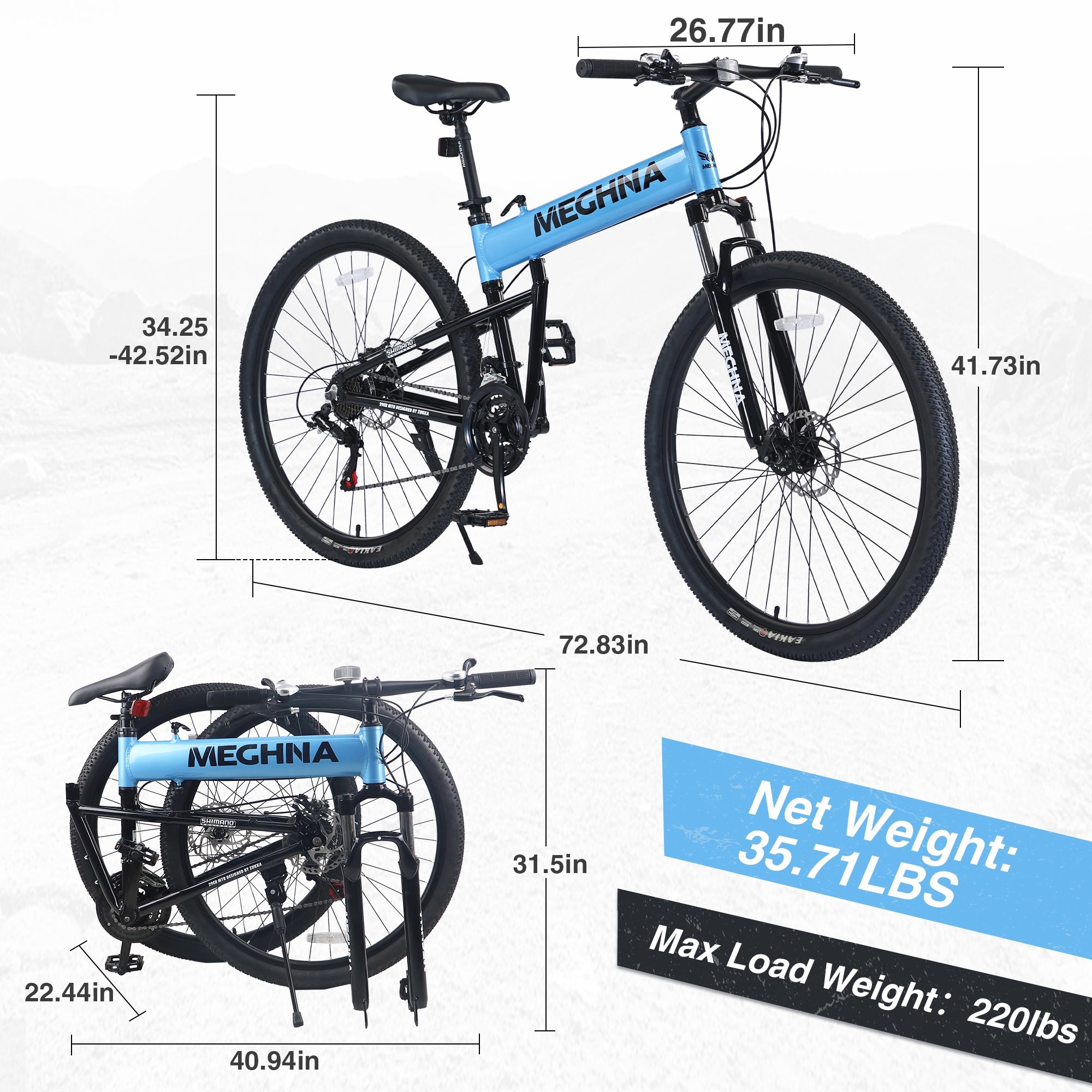 29 inch Folding Mountain Bikes, Mens Mountain Bicycle w/ Disc Brakes, 21 Speed Hybrid Bike for Adults Men Women, City Commuter Bike for Rider Height 5'4"-6'2", 85% assembled (Blue)