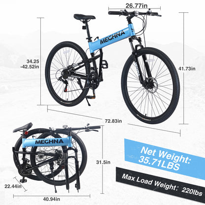 29 inch Folding Mountain Bikes, Mens Mountain Bicycle w/ Disc Brakes, 21 Speed Hybrid Bike for Adults Men Women, City Commuter Bike for Rider Height 5'4"-6'2", 85% assembled (Blue)