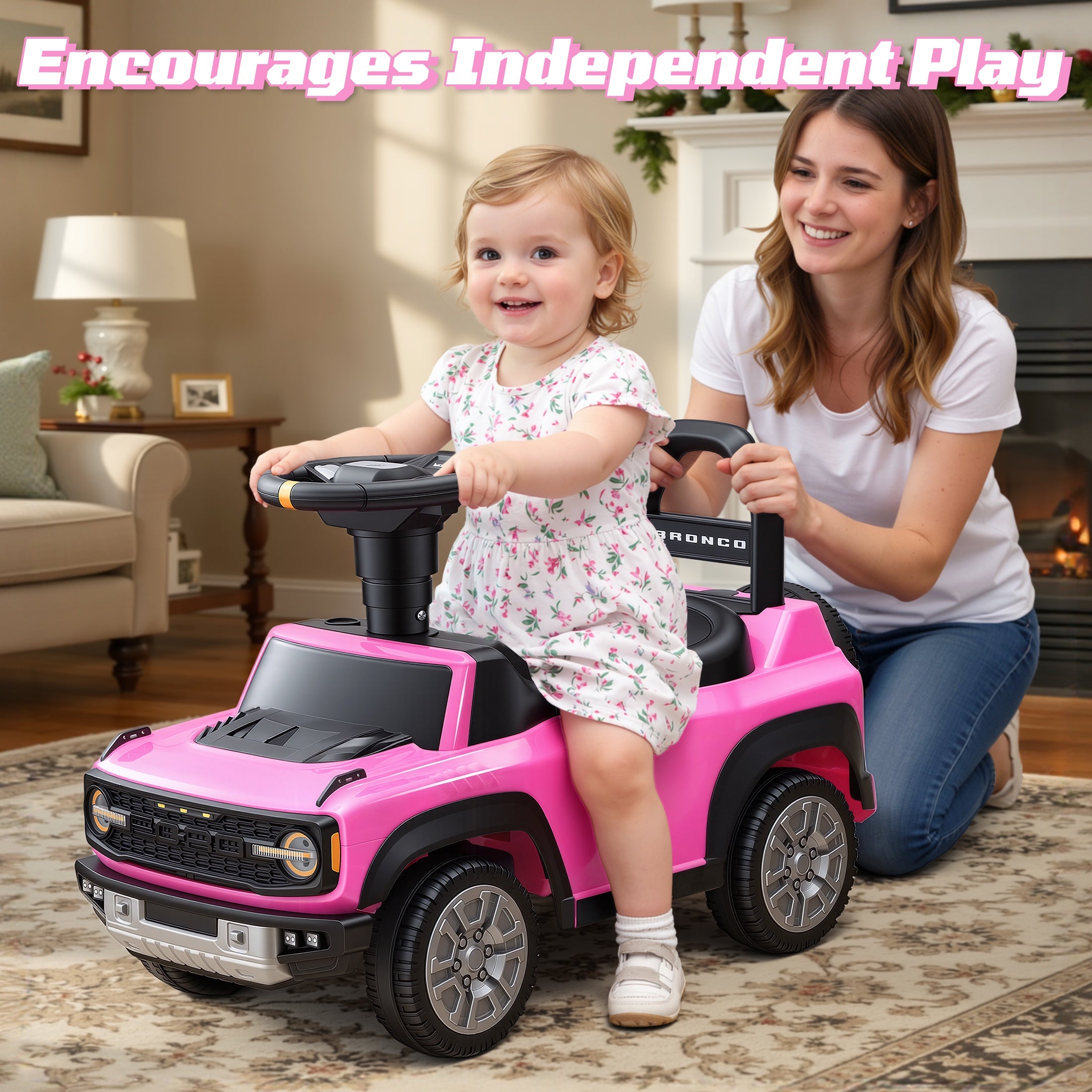 iYofe Kids Ride on Push Car 2 in 1, Ford Bronco Raptor Toddlers Ride on Push Toys with Horn, Music, Handle, Under Seat Storage, Ride on Toys for Toddlers 18 Months +, Pink