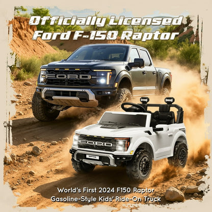24V Ride on Toys for Big Kids, Ford F150 Raptor Battery Powered 2 Seater Ride on Cars with Remote Control, Electric Car Truck w/4 Wheelers/Bluetooth & Lights for Kids Girls Boys Ages 4-8, White