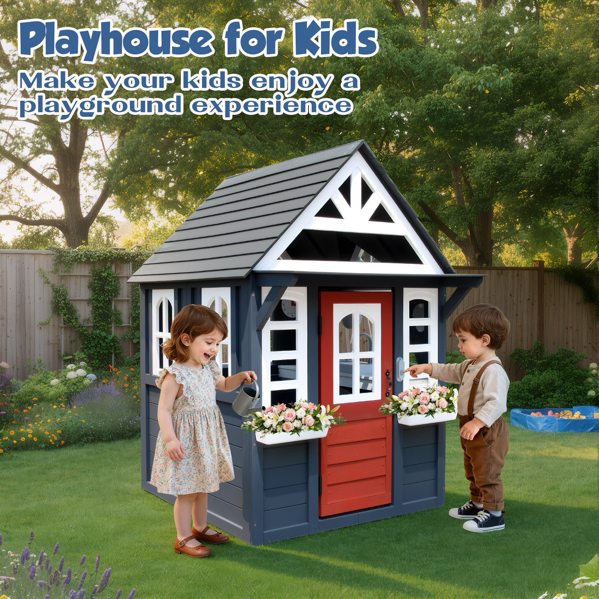 iYofe Outdoor Playhouse, Wooden Playhouse for Kids Play House with Front Door, Flower Pot Holders, Stove, Sink, Doorbell, Windows, Indoor Outdoor Kids Play Equipment Gift for Ages 2+, Black+Blue