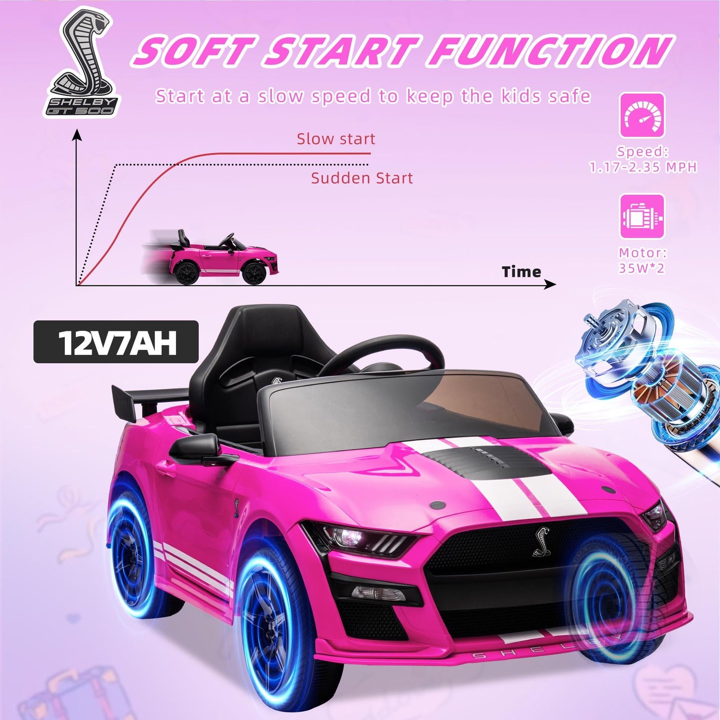 Ford Mustang Shelby 12V Ride On Car with Remote Control, Electric Car for Kids Toddler Electric Vehicle with Bluetooth, Radio, Music, USB Port, LED Lights, Battery Powered Ride on Toys for Kids, Pink