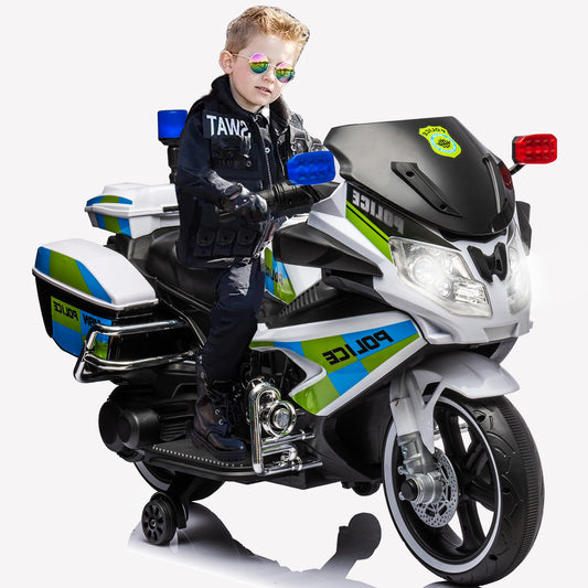 iYofe Electric Motorcycle for Kids, 12 V Ride on Police Motorcycle with Training Wheels, Bluetooth, Music, Alarm Light, Loudspeaker, Battery Powered Ride on Toys for Boys Girls Birthday Gifts, Green