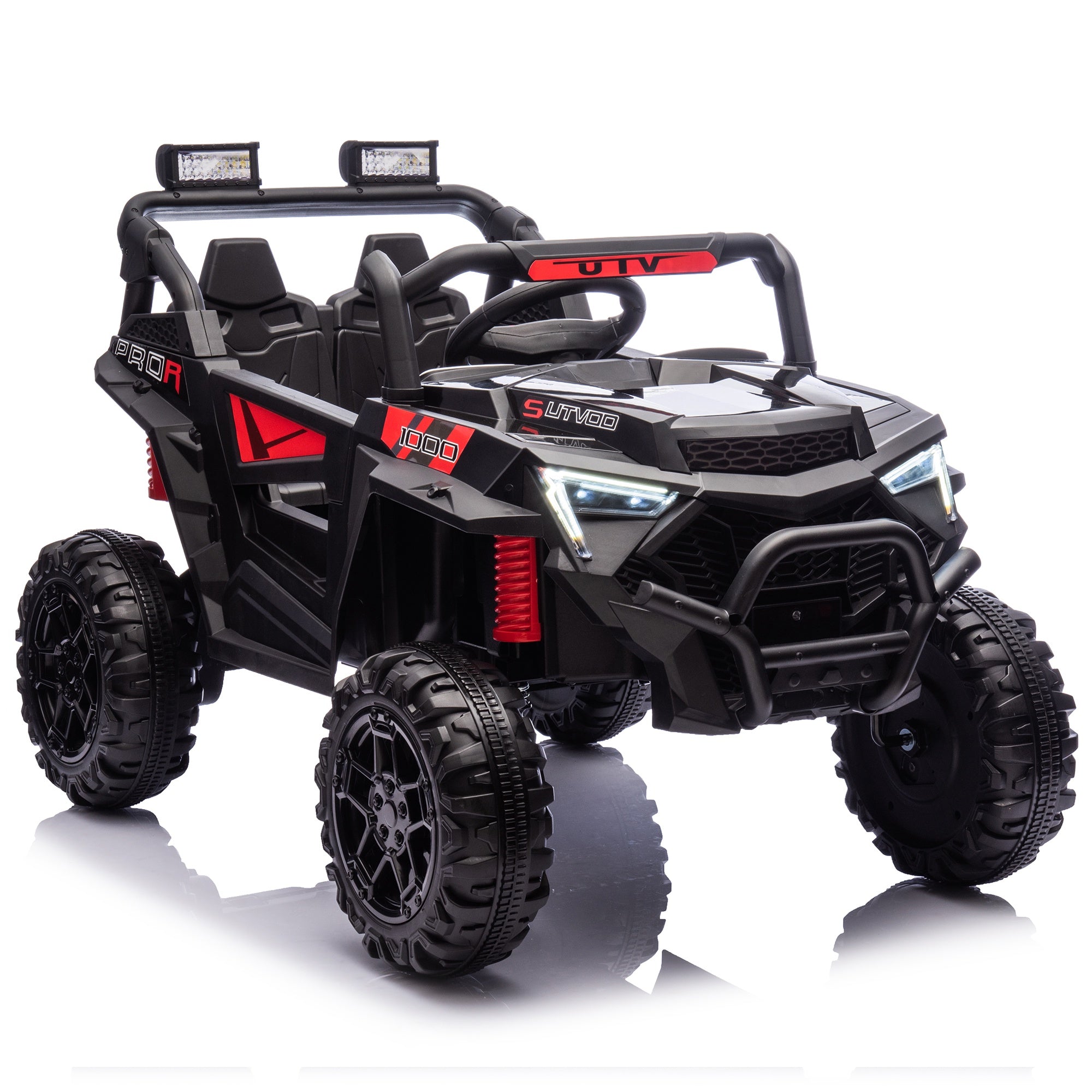 24V Powered Ride on UTV, iYofe Electric Ride on Cars with Remote Control, Bluetooth, Music, LED Lights, Portable Handle, 4 Wheels Suspension, Kids Ride on Toys for Boys Girls Ages 3-6, Black