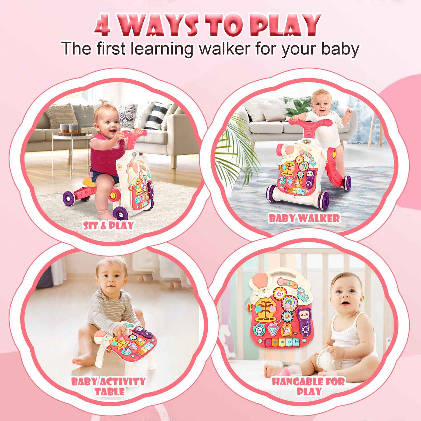 iYofe 5 in 1 Baby Push Walker, Baby Walker for Girls, Baby Activity Center Learning Walker Sit to Stand, Removable Play Panel and Music, Early Learning Push Toys for Kids Boys Girls 12+ Months, Pink