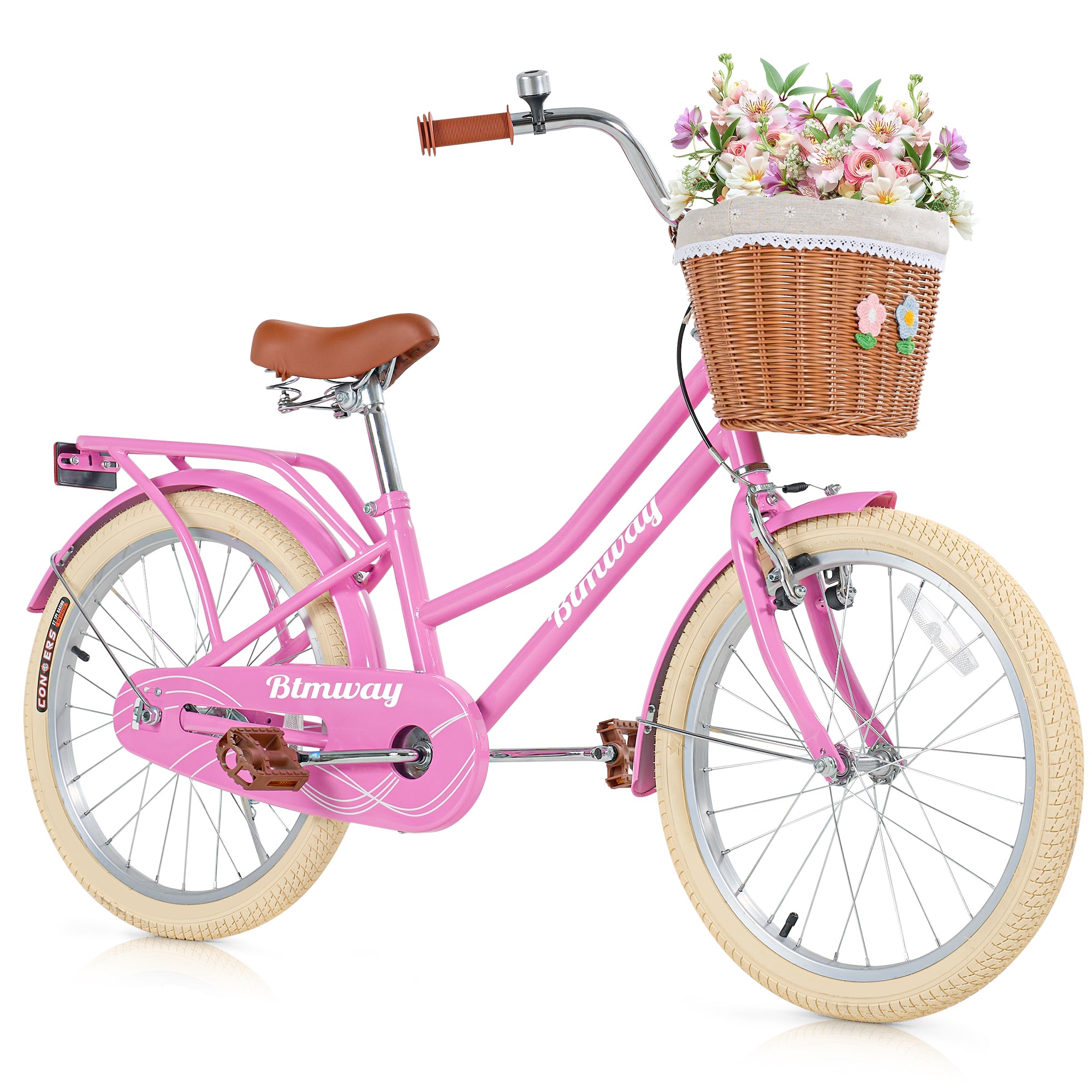 iYofe Girls Bike 20inch with Basket and Backseat, Kids Bicycle for 7-10 Years Old, Single Speed