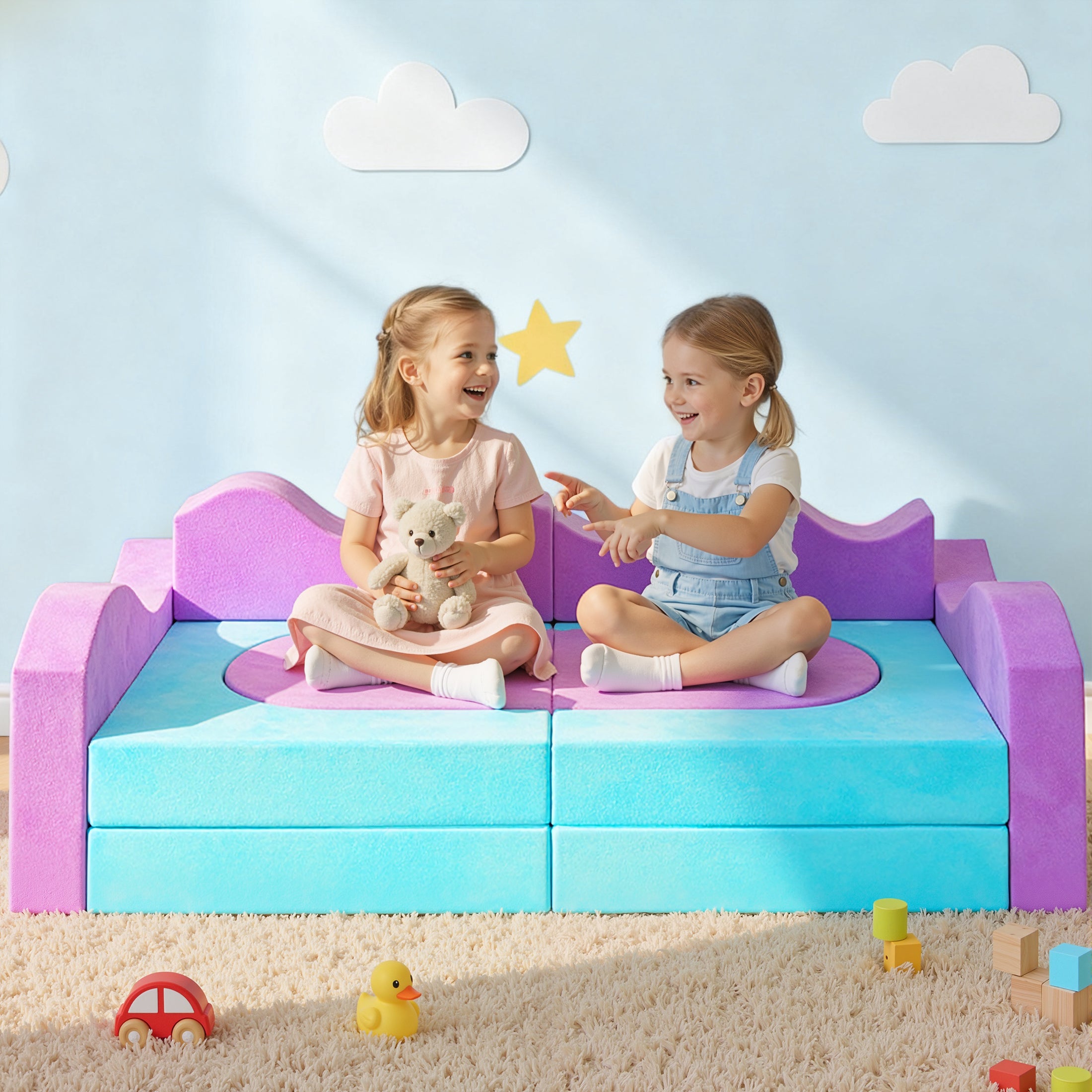 Modular Kids Play Couch Set for Toddlers Playroom, 12PCS Large Foldable Soft Kids Sofa, 3 in 1 Foam Convertible Couch Fort Building Floor Bed for Girls 3-5, Washable Velvet, Purple