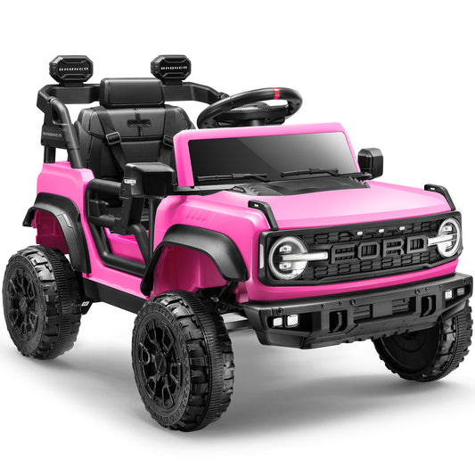 12V Ford Bronco Powered Ride on Cars for Kids, Licensed Ride on SUV Truck Toy with Parent Remote Control, Electric Car for Boys Girls 3-5 w/Music Player/LED Headlights/Safety Belt, Pink