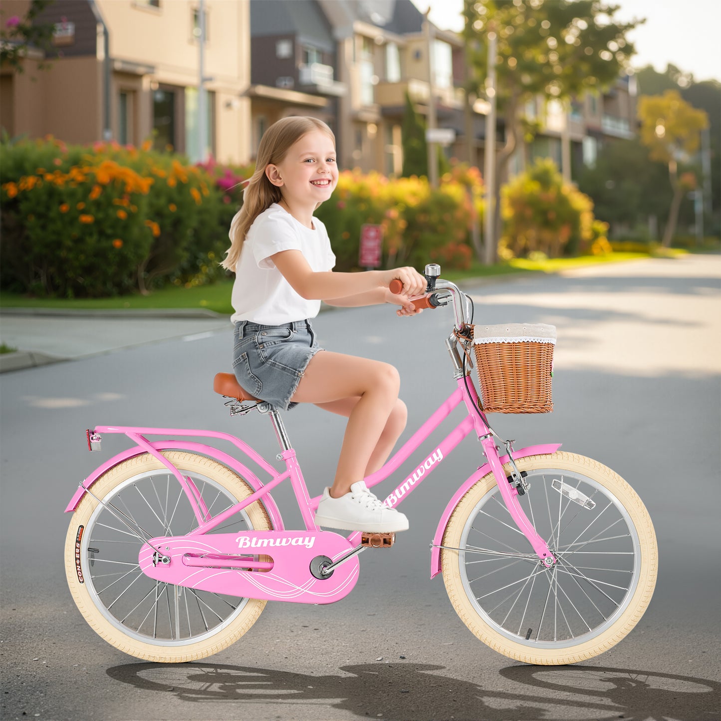 Girls Bike 20inch with Basket and Backseat, Kids Bicycle for 7-10 Years Old, Single Speed