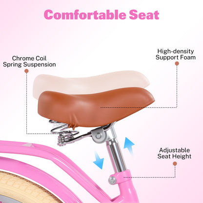 iYofe Girls Bike 20inch with Basket and Backseat, Kids Bicycle for 7-10 Years Old, Single Speed