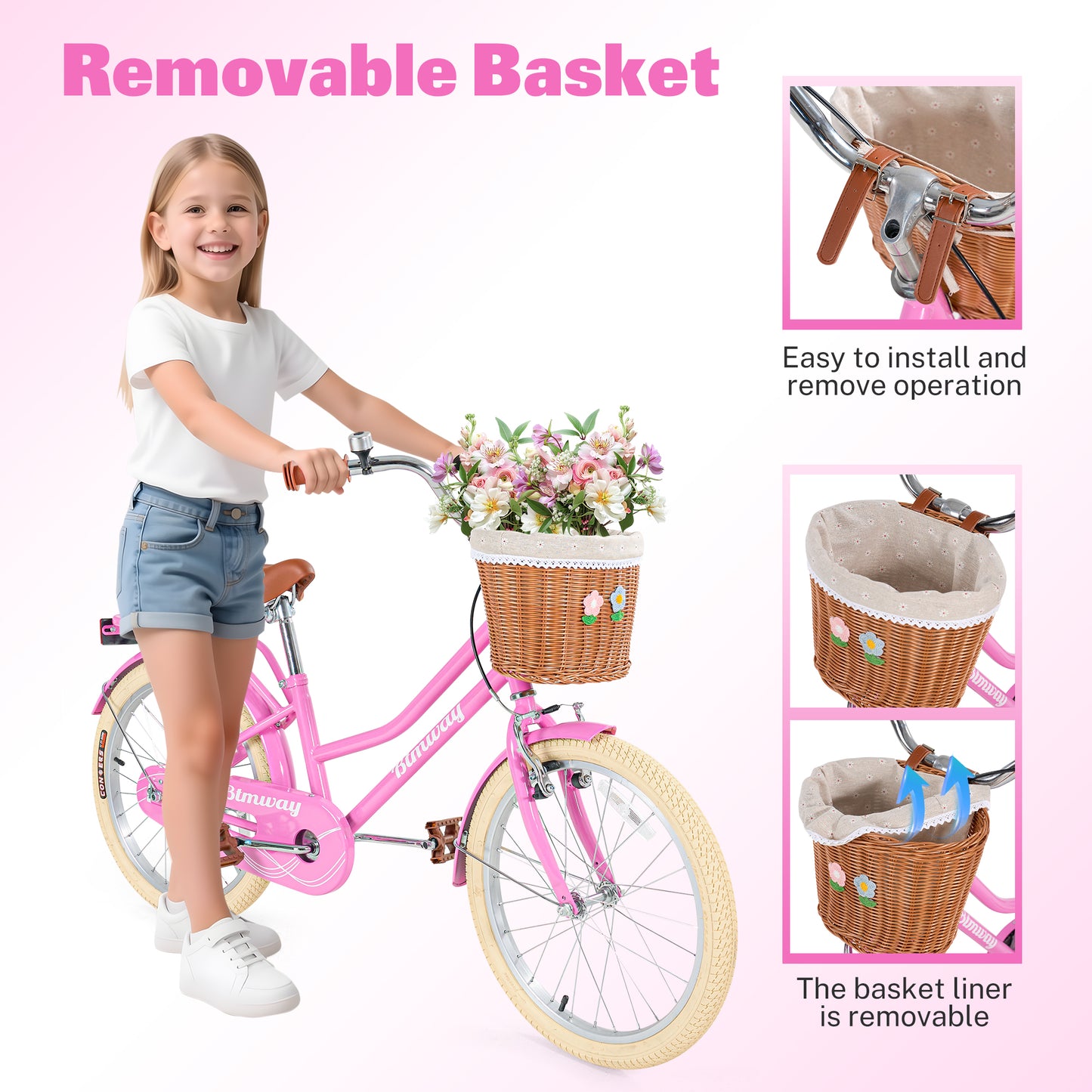 Girls Bike 20inch with Basket and Backseat, Kids Bicycle for 7-10 Years Old, Single Speed