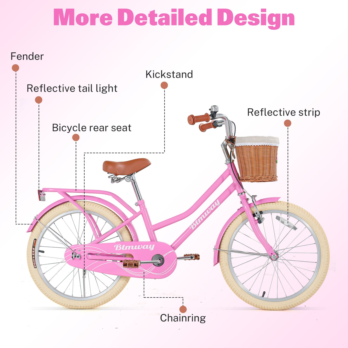 Girls Bike 20inch with Basket and Backseat, Kids Bicycle for 7-10 Years Old, Single Speed