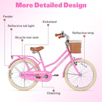 iYofe Girls Bike 20inch with Basket and Backseat, Kids Bicycle for 7-10 Years Old, Single Speed