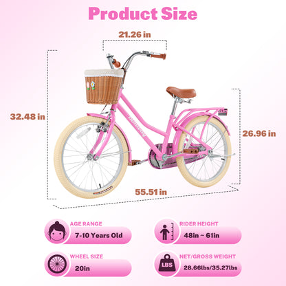 iYofe Girls Bike 20inch with Basket and Backseat, Kids Bicycle for 7-10 Years Old, Single Speed