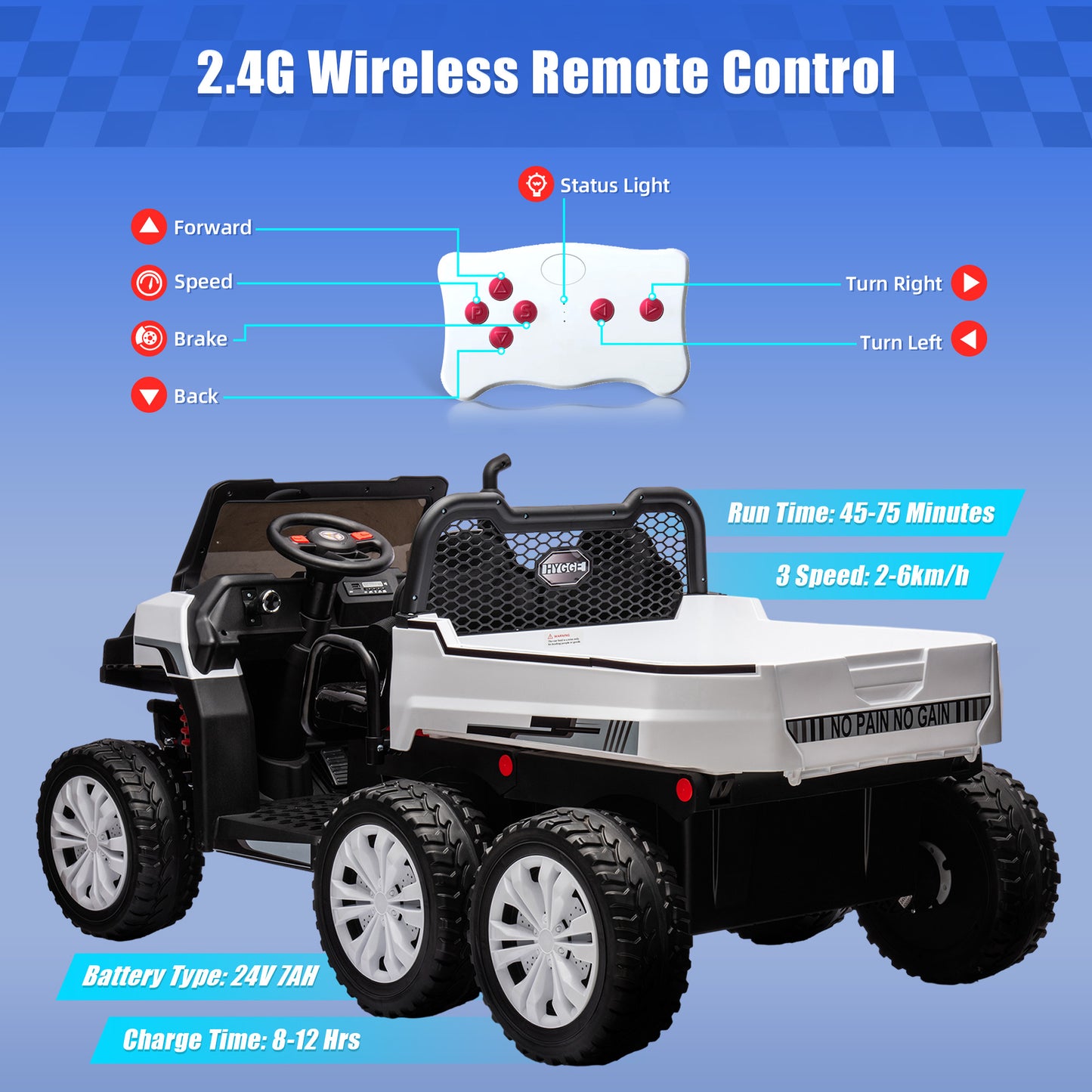 24V 2 Seats Powered Ride on Truck for Boys and Girls Ride On Car Toy with Remote Control Electric Vehicle with 6 EVA Wheels Battery Powered Ride on Car for Kids, Blue