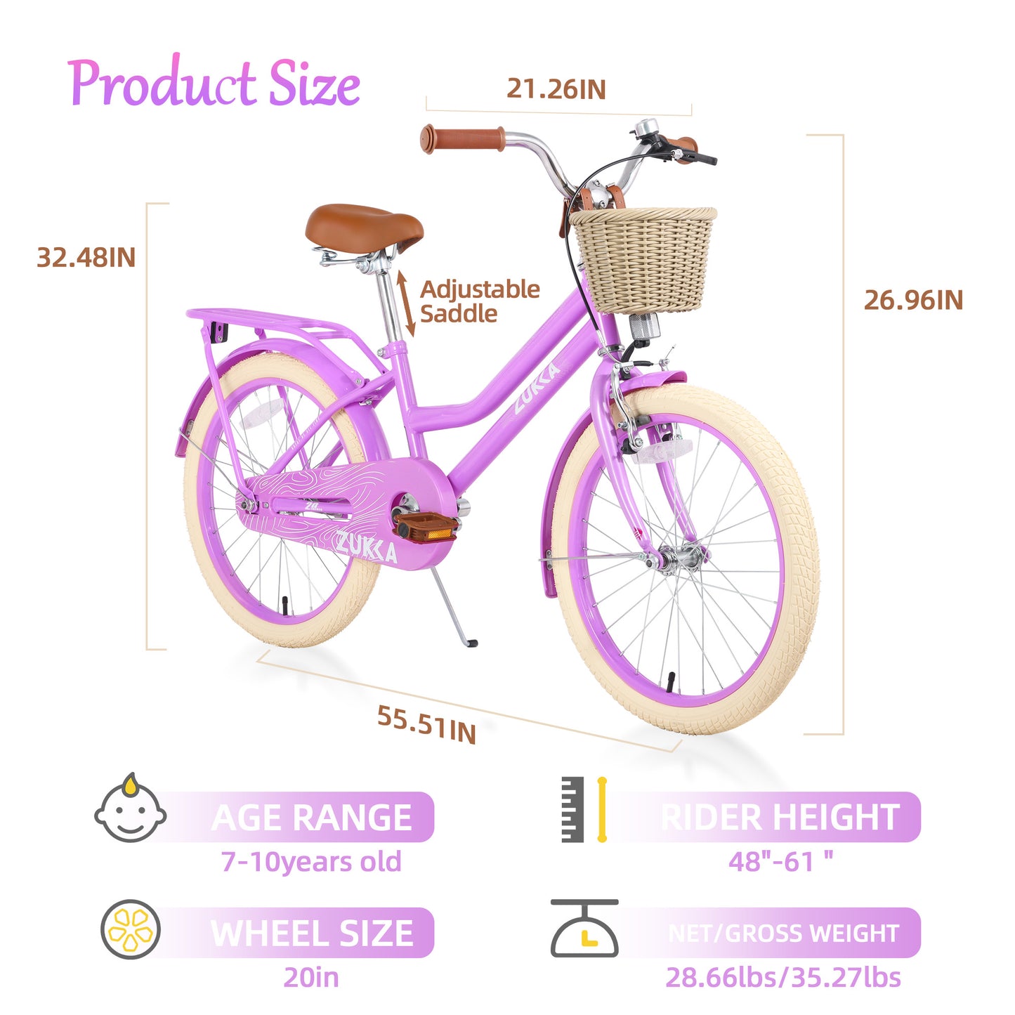 iYofe Girls Bike 20in for 7-10 Years Old Kids Bicycle, Girls Bicycle with Basket and Backseat, Single Speed Girls City Bike