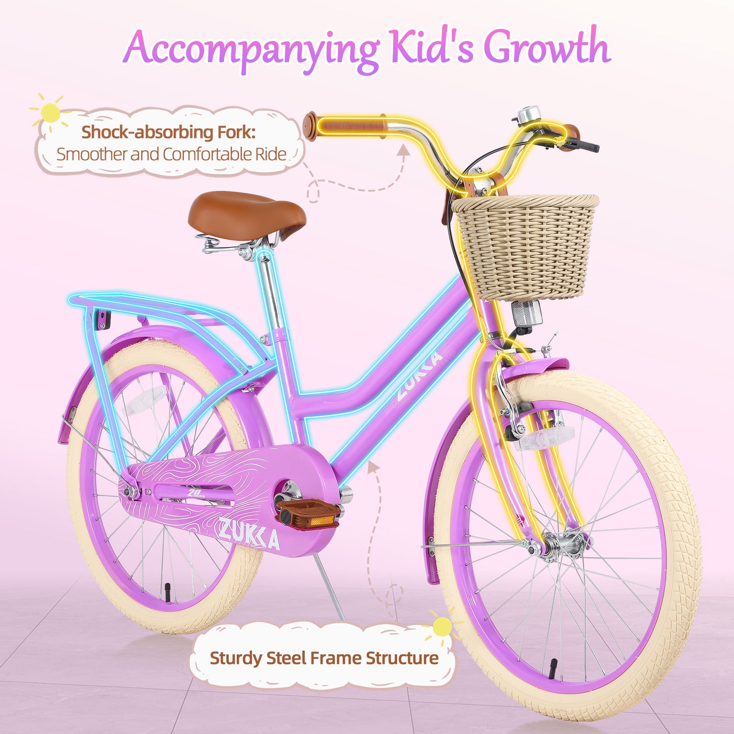 iYofe Girls Bike 20in for 7-10 Years Old Kids Bicycle, Girls Bicycle with Basket and Backseat, Single Speed Girls City Bike