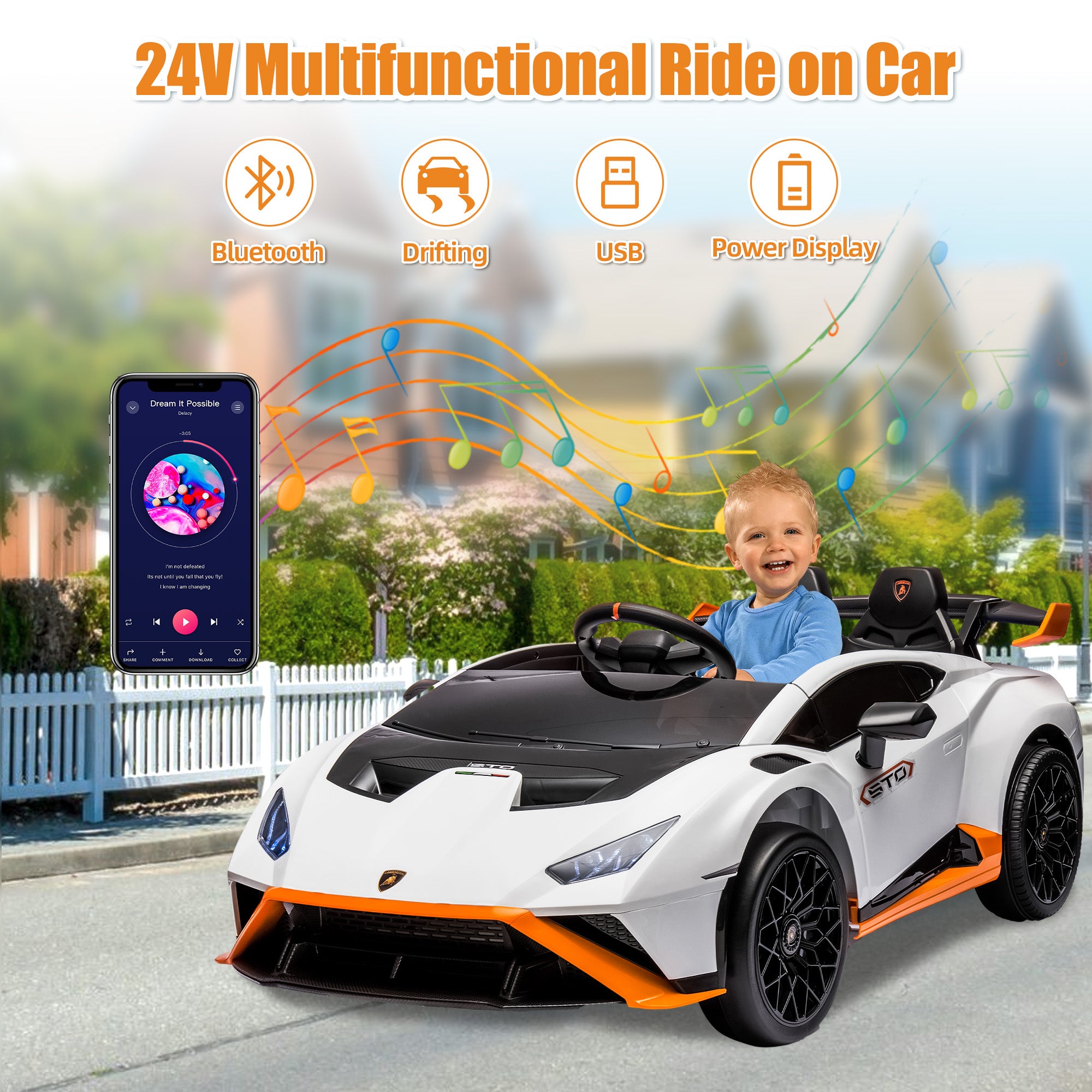 Lamborghini 24V Ride on Car for Big Kids, Lamborghini Huracan Battery Powered Ride on Toy with Remote Control, Electric Car for Kids Toddlers 3-8, 4 Wheelers Car w/ Bluetooth & Light, 360° Spin, Pink