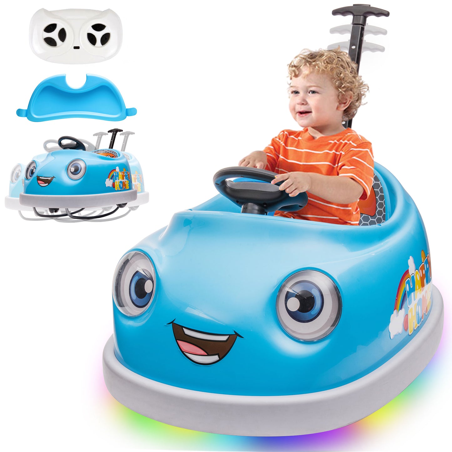 iYofe 12V Bumper Car for Kids, Push Car Ride on Toys with Remote Control, Push Rod, Dinner Plate, USB, Music, LED Light, Rocking Horse Mode, Anti-Collision Bumper