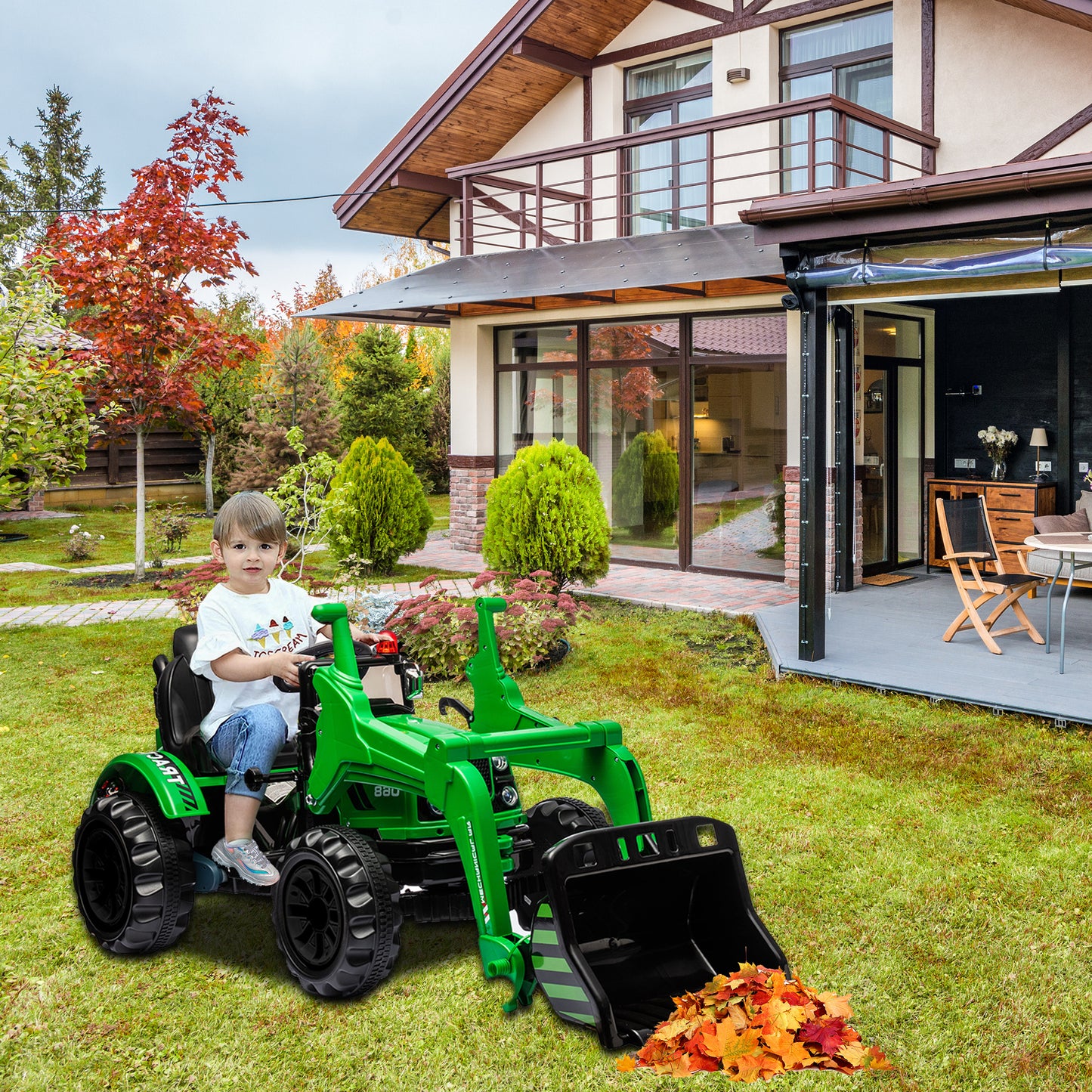 iYofe 12V Ride on Excavator with Front Digger Kids Ride on Car Electric Construction for 3-6 Years Old Boys and Girls Backhoe Ride on, 3 Speeds, Green