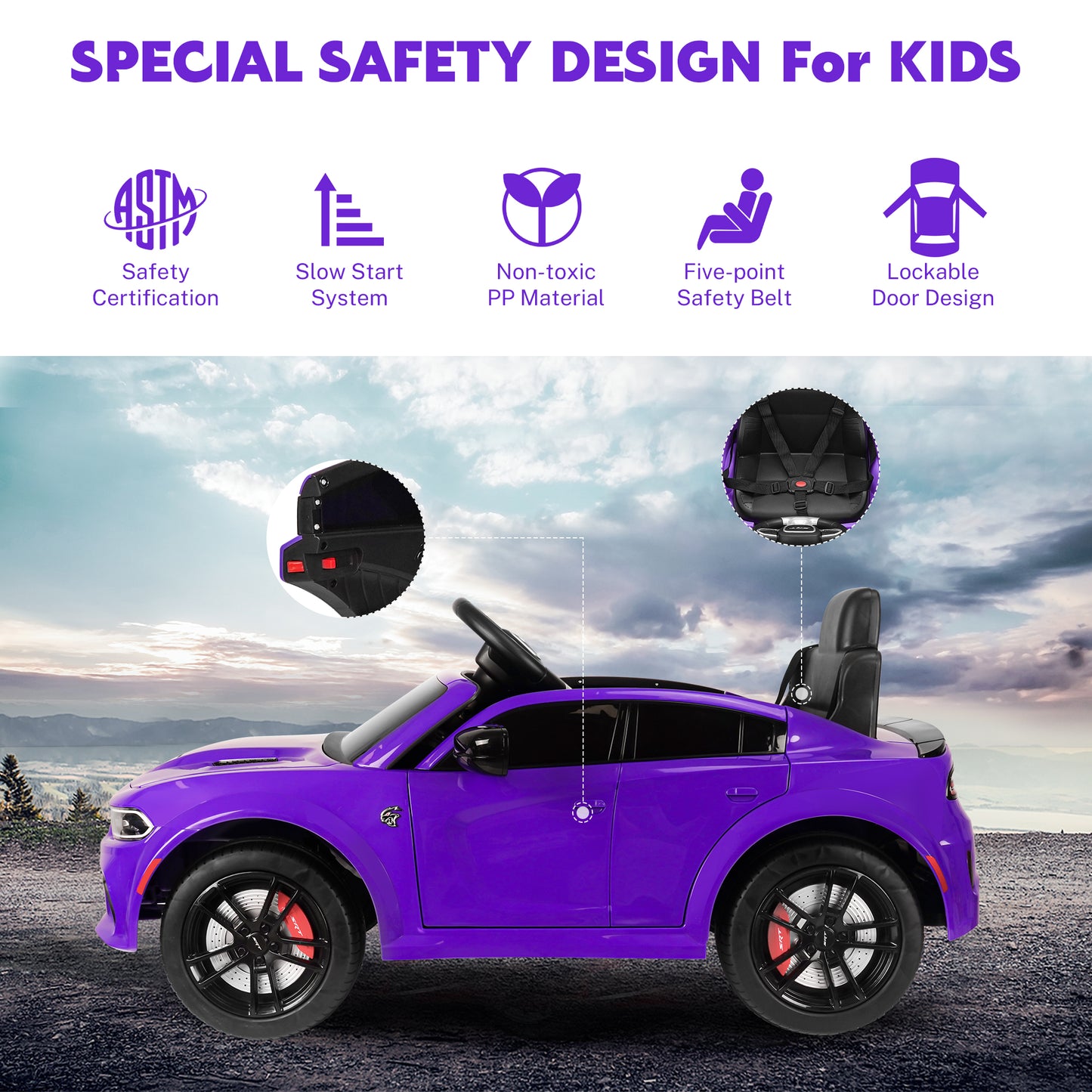 Dodge Electric Ride on Cars for Kids, 12V Licensed Dodge Charger SRT Powered Ride On Toys Cars with Parent Remote Control, Electric Car for Girls 3-5 w/Music Player/LED Headlights/Safety Belt, Purple