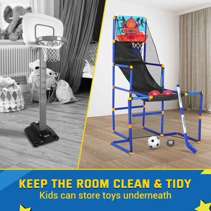 Toddler Basketball Hoop Set, 3-In-1 Arcade Basketball Game Indoor W/ Soccer Goal, Portable Indoor Outdoor Sports Play Toy, Gift for Ages 3-12 Boys Girls Air Pump and 6 Balls Included, 2 Hockey Sticks