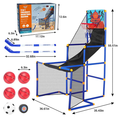 Toddler Basketball Hoop Set, 3-In-1 Arcade Basketball Game Indoor W/ Soccer Goal, Portable Indoor Outdoor Sports Play Toy, Gift for Ages 3-12 Boys Girls Air Pump and 6 Balls Included, 2 Hockey Sticks