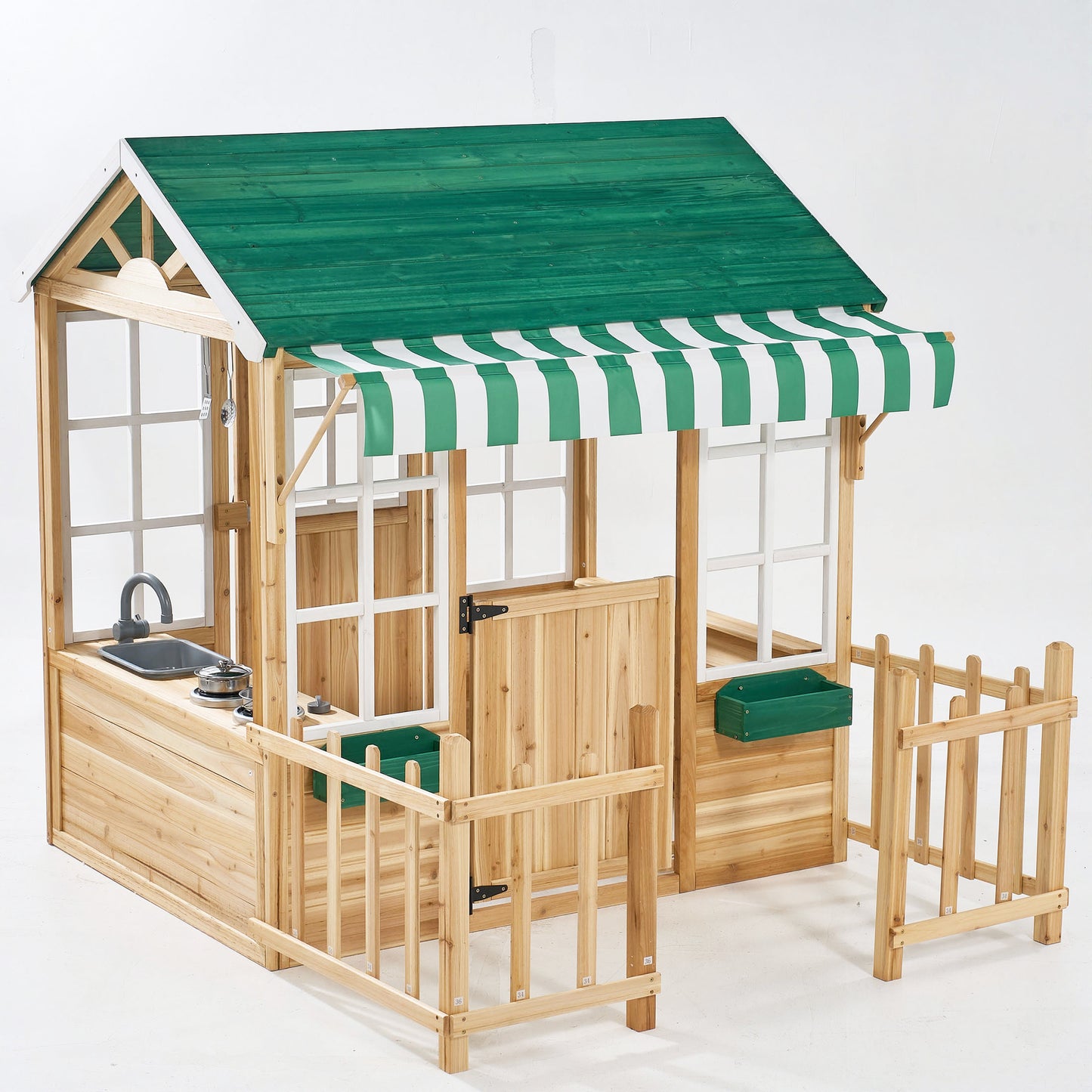 iYofe Outdoor Playhouse, Wooden Play Houses for Toddlers 1-3, Outside Playhouse with KitchenToyset, Flowerpot Holders, Fence (49.5"x62.3"x52.8")