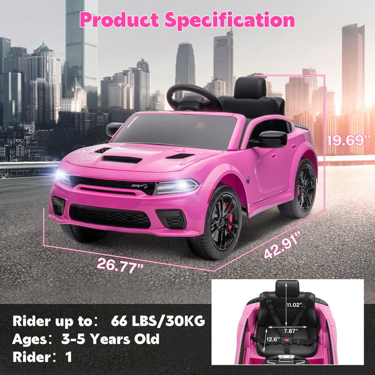 Ride on Cars, 12 V Licensed Dodge Charger Battery Powered Ride On Toys with Remote Control, MP3 Player, LED Headlights, Safety Belt, 4 Wheeler, Electric Car for Kids 3-5 Boys Girls, Pink