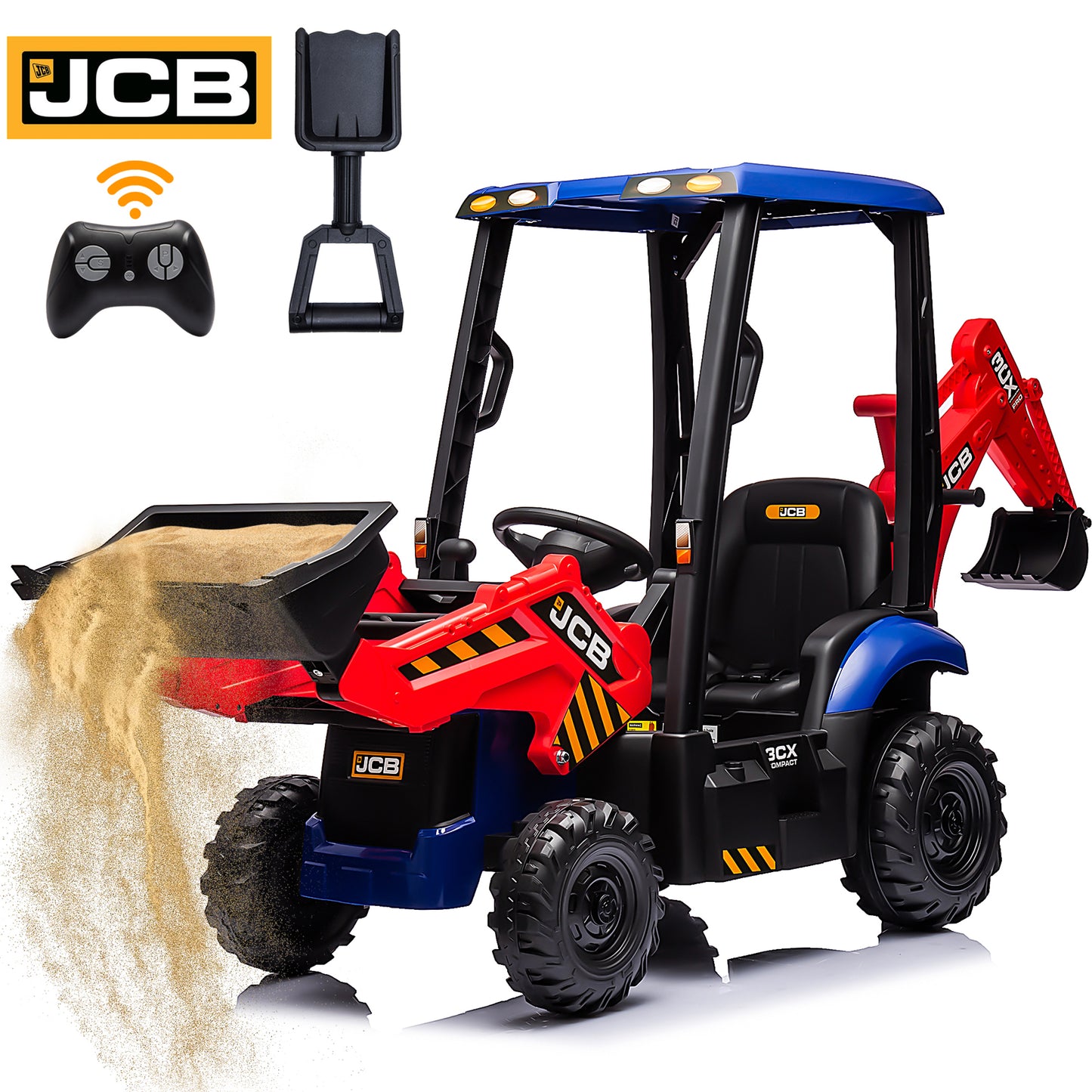 JCB 12V Ride on Excavator with Front&Back Loader 4in1 Kids Ride on Car with Remote Control Electric Construction for 3-6 Years Old Boys and Girls, 3 Speeds, Yellow