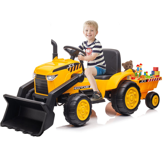 12V 2 in 1 Ride on Tractor Bulldozer Toys for Kids, Battery Powered Ride on Tractor with Remote Control, Trailer, Shovel Bucket, Digging Handle, Remote Control, Bright Headlight, Yellow