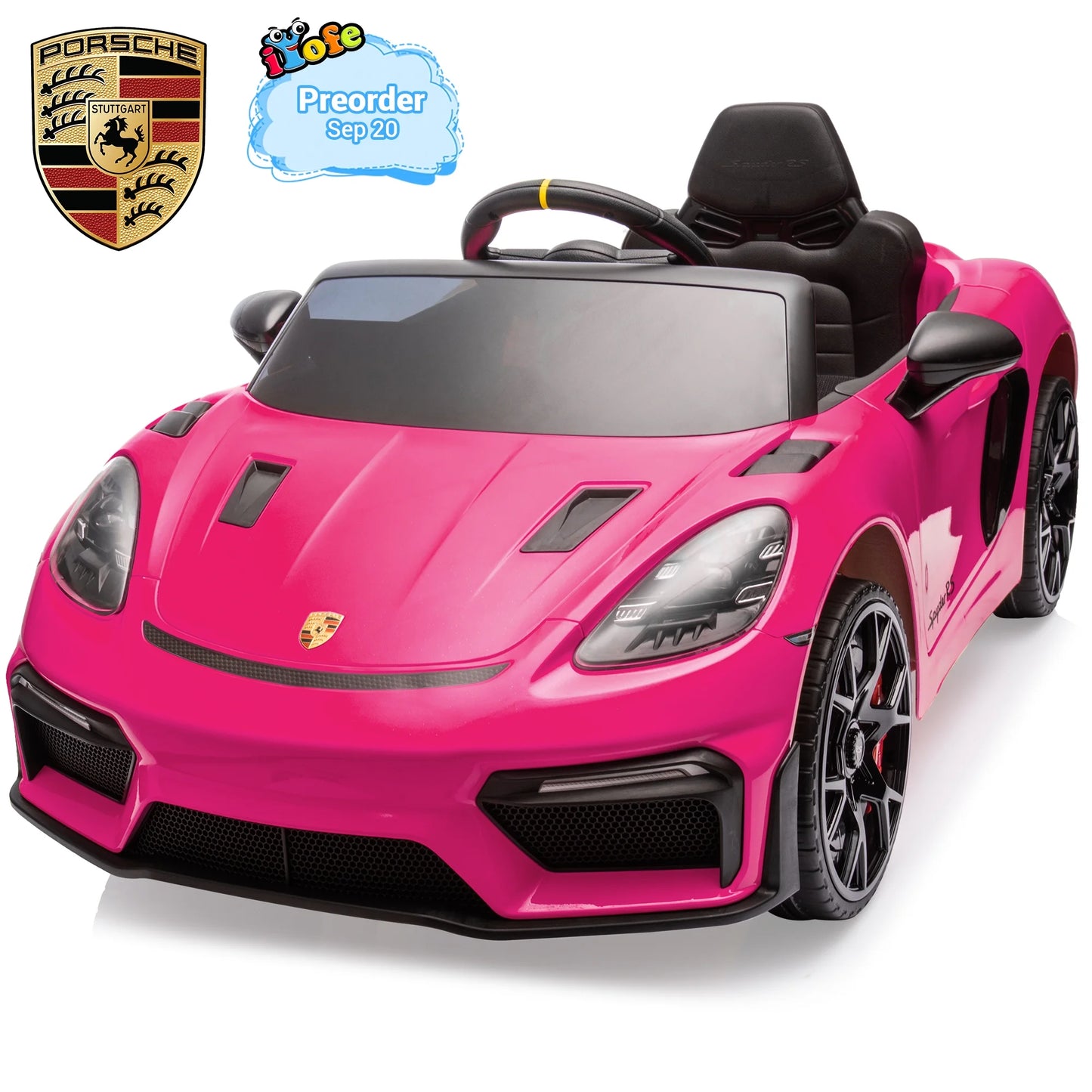 12V Porsche 718 Spyder Powered Ride on Toys Car for Kids, 4 Wheel Suspension Ride on Cars with Remote Control, Bluetooth, Music, LED, Safety Belts, Electric Car for Kids Toddler 3-6, Pink