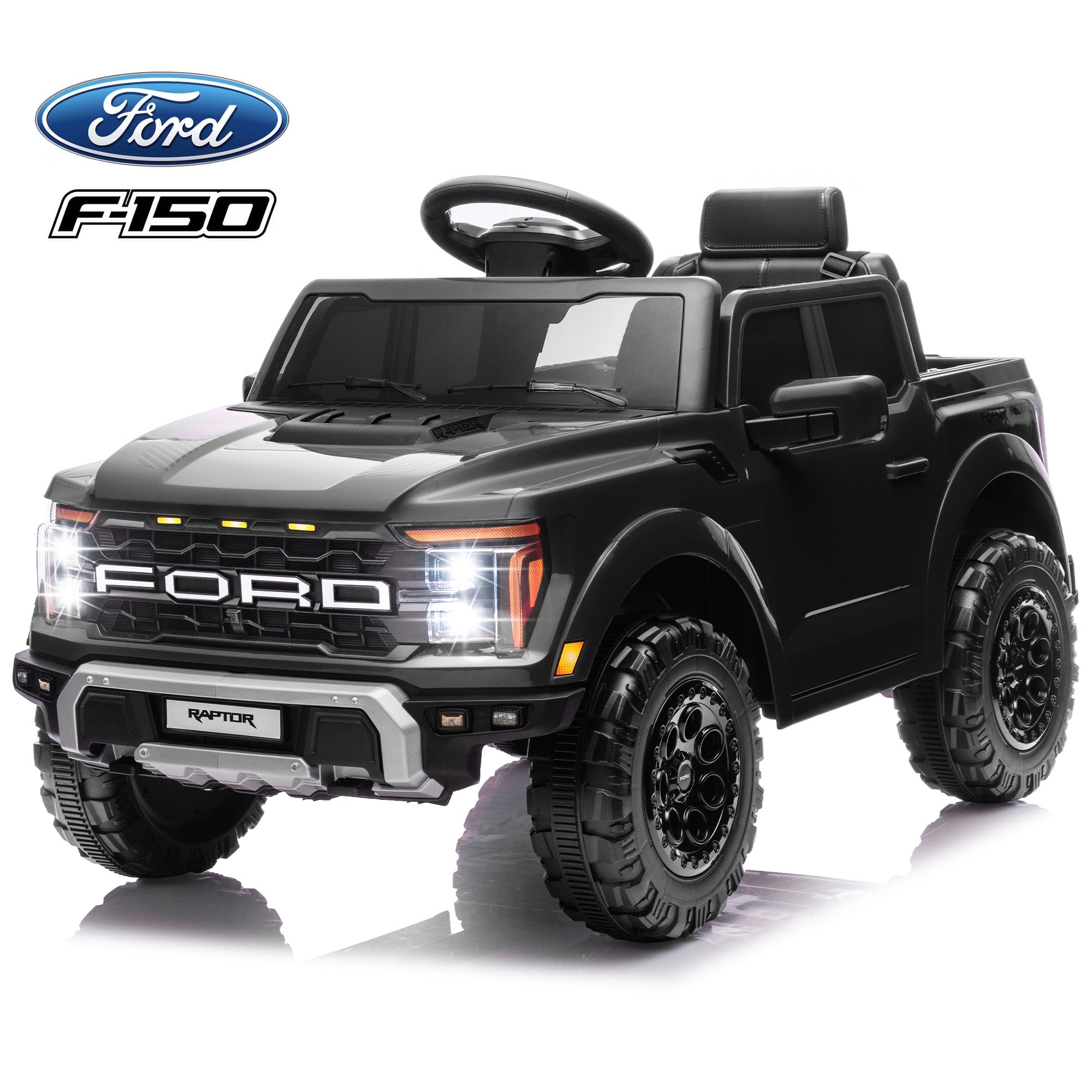 Black single-seat 12V Ford F-150 licensed kids electric ride-on car with LED headlights and large off-road wheels by iYofe