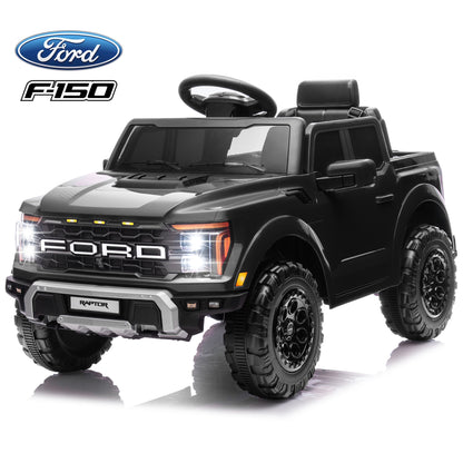 Black single-seat 12V Ford F-150 licensed kids electric ride-on car with LED headlights and large off-road wheels by iYofe