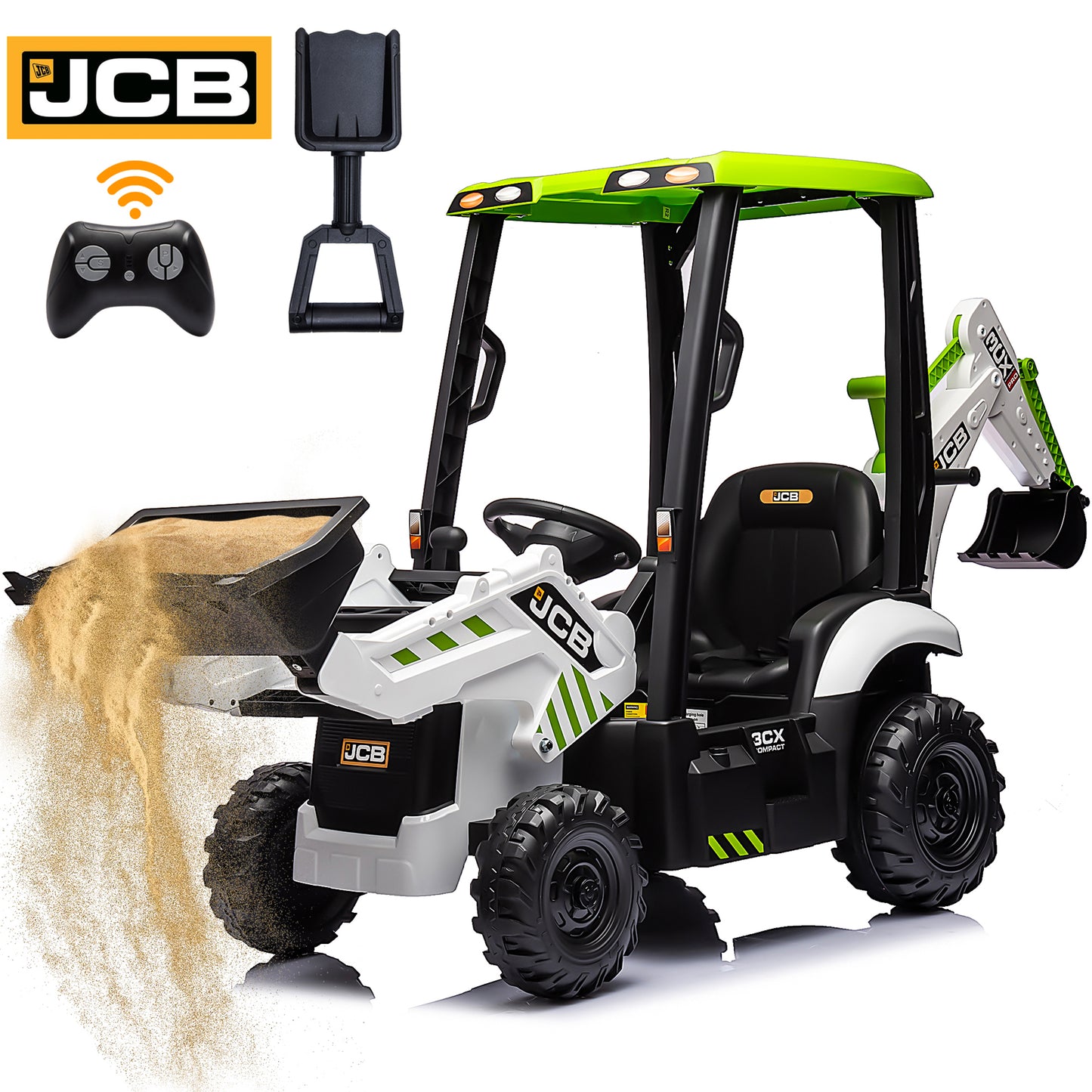 JCB 12V Ride on Excavator with Front&Back Loader 4in1 Kids Ride on Car with Remote Control Electric Construction for 3-6 Years Old Boys and Girls, 3 Speeds, Yellow