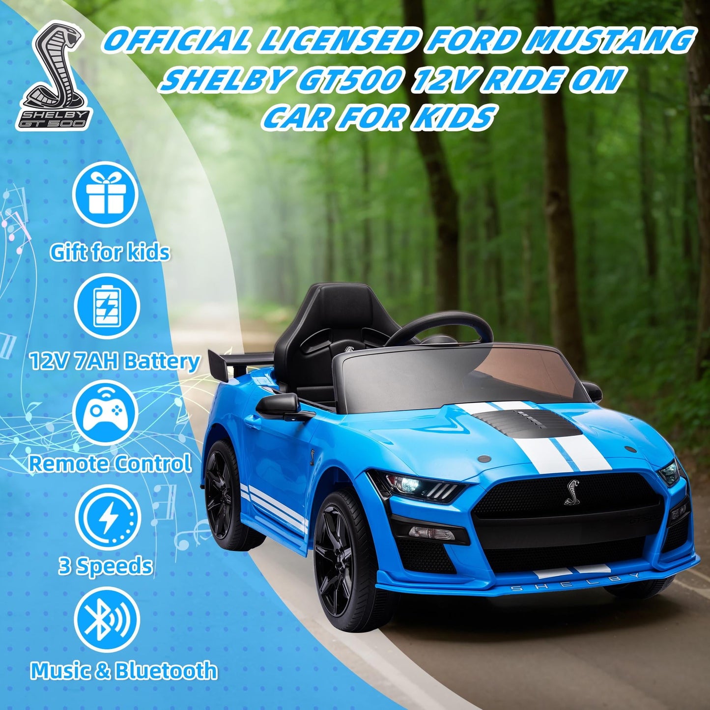 Ford Mustang Shelby 12V Ride On Car with Remote Control, Electric Car for Kids Toddler Electric Vehicle with Bluetooth, Radio, Music, USB Port, LED Lights, Battery Powered Ride on Toys for Kids, Blue