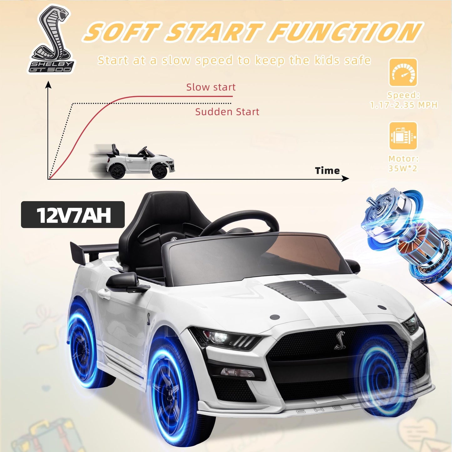 Ford Mustang Shelby 12V Ride On Car with Remote Control, Electric Car for Kids Toddler Electric Vehicle with Bluetooth, Radio, Music, USB Port, LED Lights, Battery Powered Ride on Toys for Kids, White