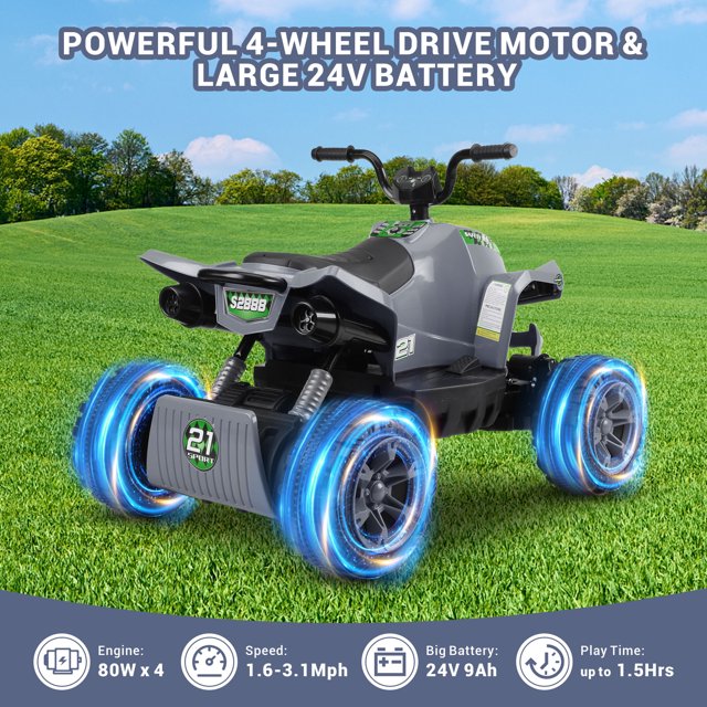 24V Powered Ride on Cars for Kids, 2 Wheel Suspension Ride on ATV Toys, Toddler Ride on Toy Cars, Music, Bluetooth and Power Display, Electric Cars ATV for Boys Girls, Gray