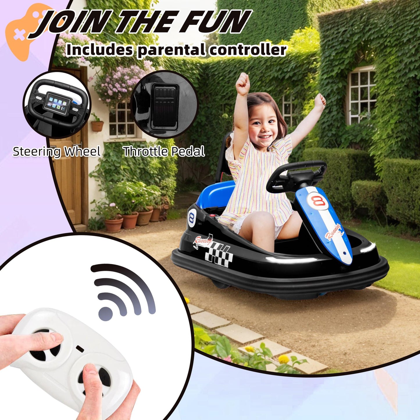 iYofe 6V Bumper Car Ride on with Remote Control, Bumper Cars for Kids Toddlers Boys Girls 2-6 Years Old Gifts, Battery Powered Ride on Toys with Bluetooth, Player, 360¡ãSpin, LED Light, 3 Speed, Black