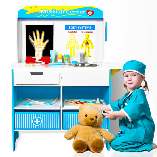 iYofe Play Doctor Activity Center Toy Medical Station Kids Wooden Play Doctor Kit Pretend Doctor Play Set for 3 Age+, 16 Accessories, Gift for Girls and Boys, Blue