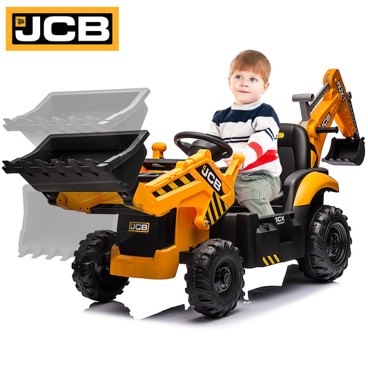 JCB 24V Ride on Excavator with Front&Back Loader 3in1 Kids Ride on Car with Remote Control Electric Construction for 3-6 Years Old Boys and Girls, Backhoe Ride on, Yellow