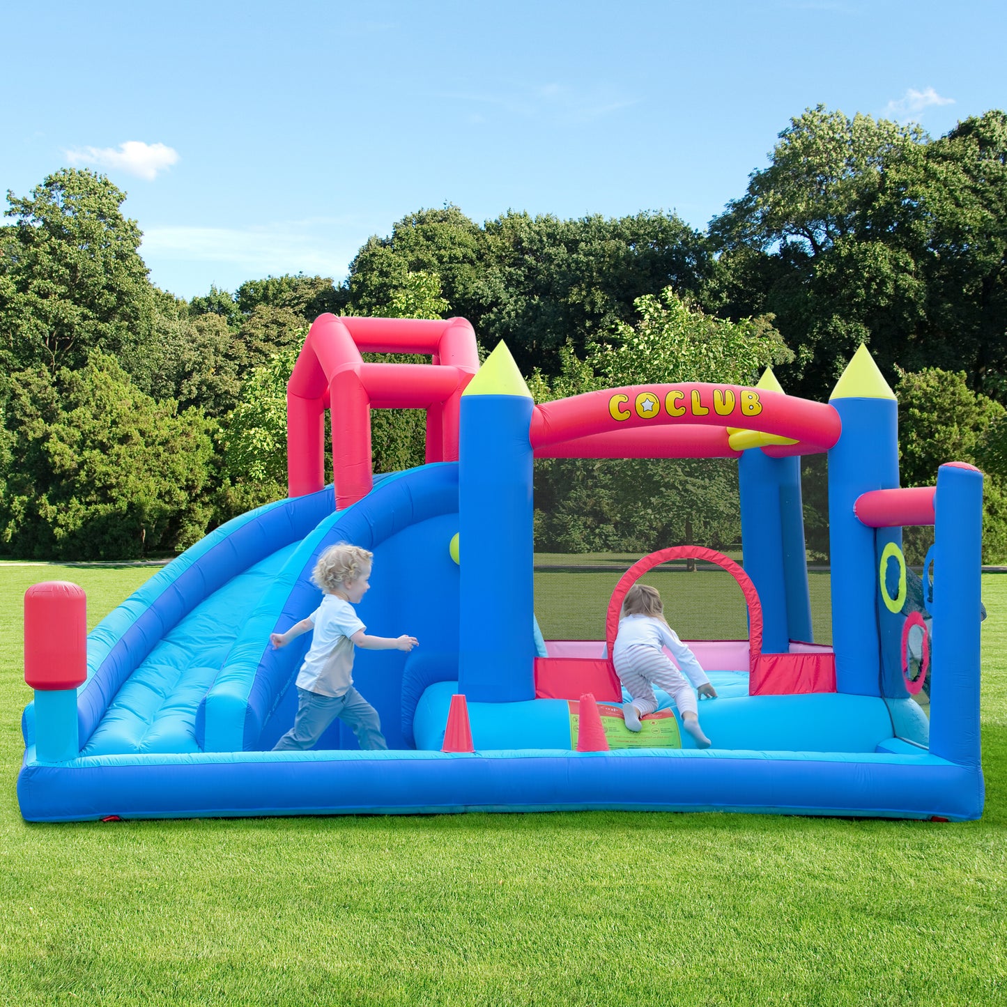 Bounce House with Blower, Outdoor Bounce Castle with Slide/Basketball Hoop/Ball Pit/Ring-toss Game/Pitching Game, Jump House for Kids Toddlers Ages 3-12