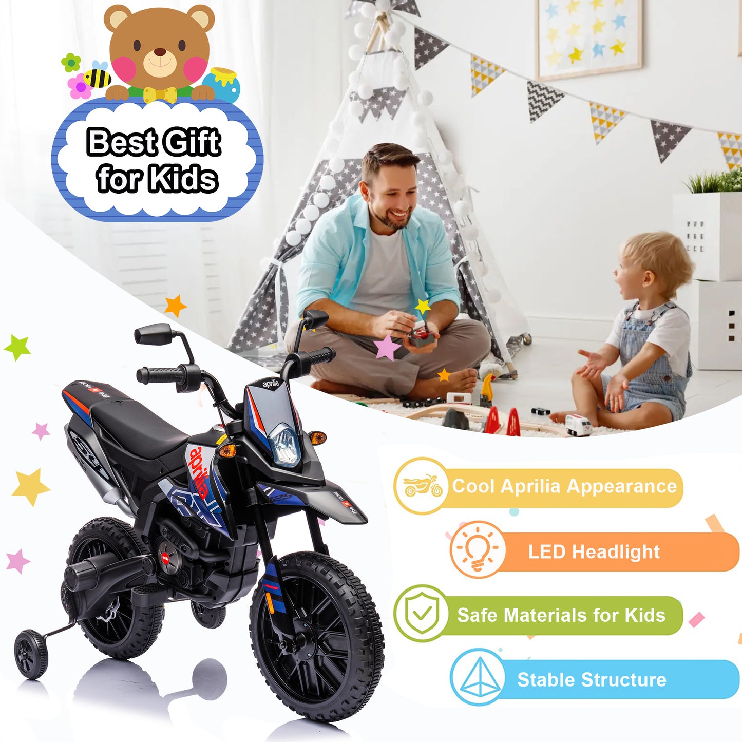 12V Ride on Motorcycle Powered Electric Dirt Bike for Kids Age 3-8, Ride on Toy for Boys and Girls, LED Light