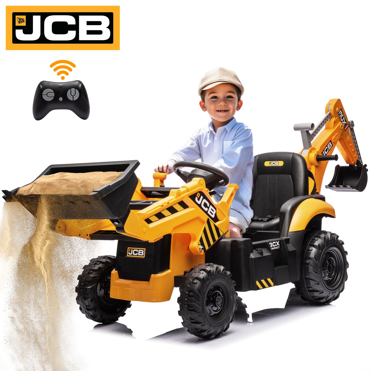 24V Kids Ride on Excavator Digger Toy Backhoe, JCB Battery Powered Electric Tractor with Remote Control, Ride on Construction Truck w/Adjustable Front and Back Loader for 3-6 Boys Girls, Yellow