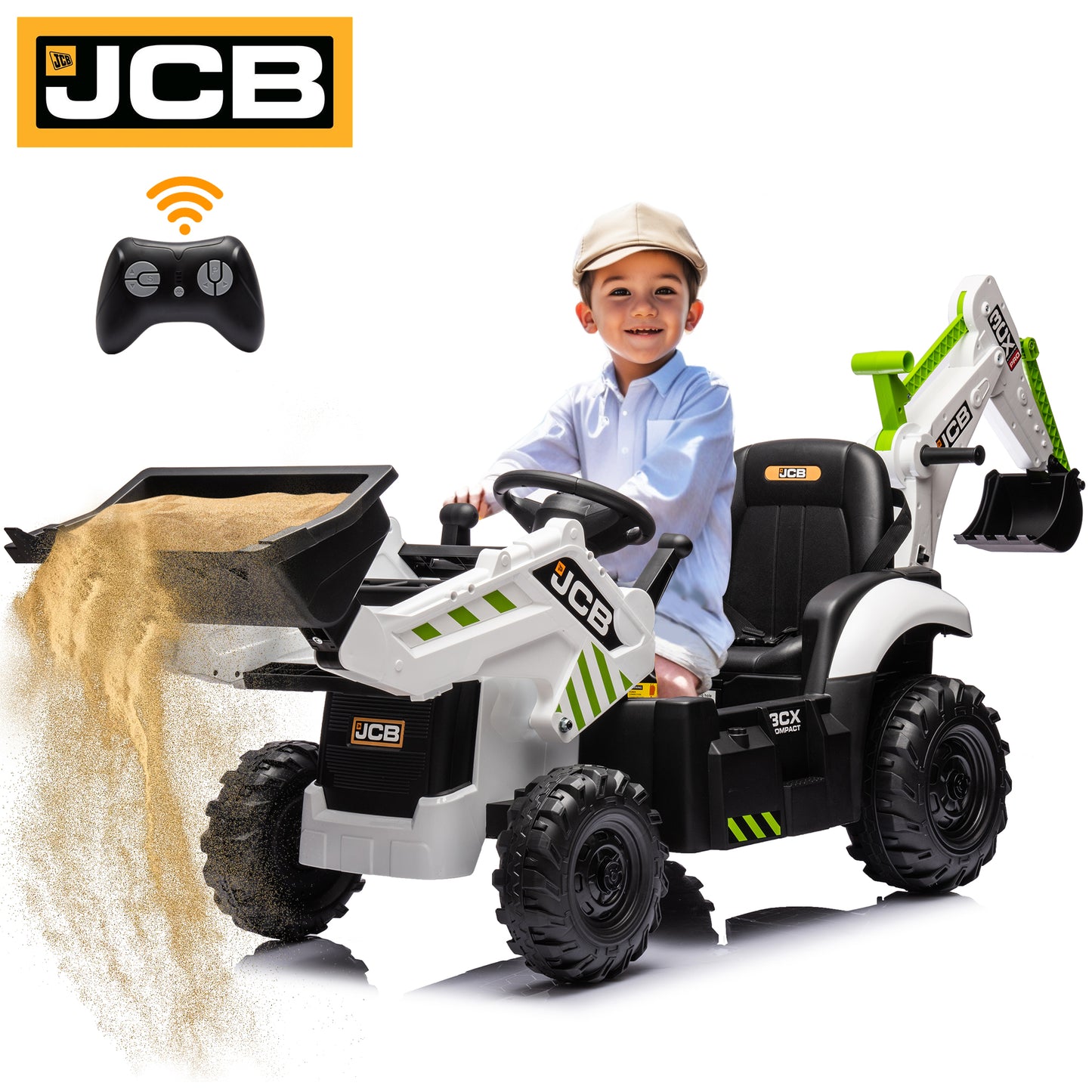 24V Kids Ride on Excavator Digger Toy Backhoe, JCB Battery Powered Electric Tractor with Remote Control, Ride on Construction Truck w/Adjustable Front and Back Loader for 3-6 Boys Girls, Yellow