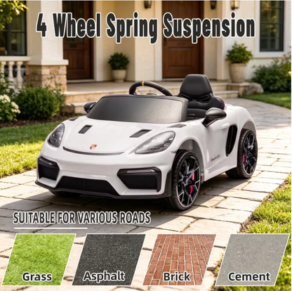 iYofe 12V Licensed Porsche Powered Ride On Car w/ Remote & Music, Ages 3+, White