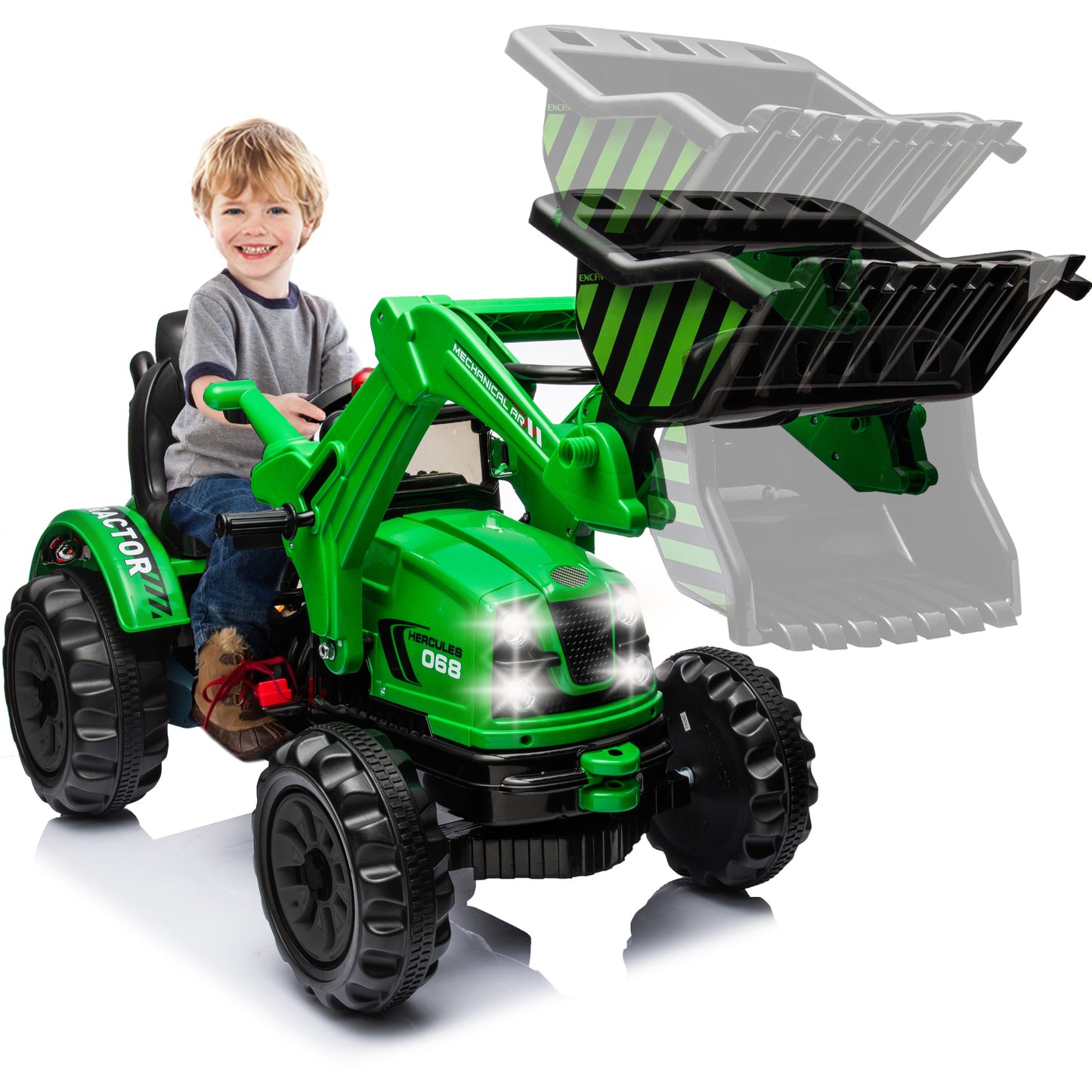 iYofe 12V Ride on Excavator with Front Digger Kids Ride on Car Electric Construction for 3-6 Years Old Boys and Girls Backhoe Ride on, 3 Speeds, Green