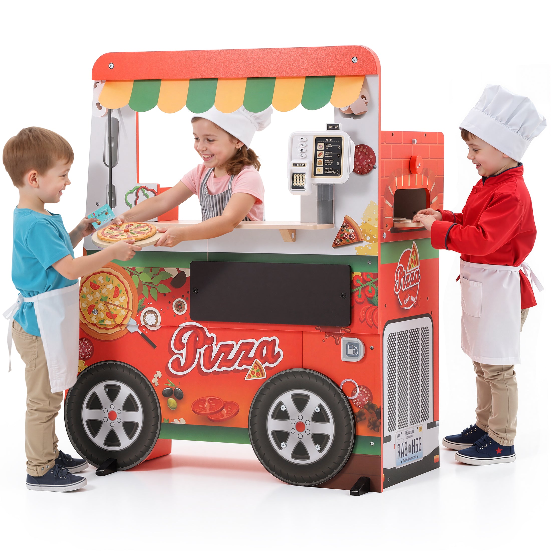 Wooden Pizza Food Truck Activity Center for Kids, 3+ | Play Kitchen for Kids with Wooden Play Food, Ice Cream Cart, Toy Kitchen Sets, Toddler Kitchen Playset, Pretend Play Food Truck Playset, Red