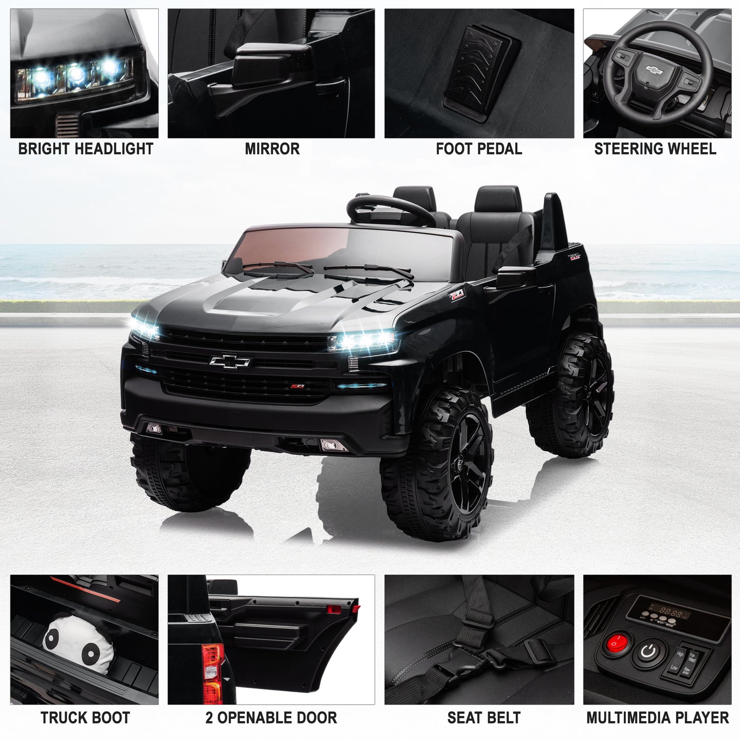 Chevrolet Silverado 24V Powered Ride on Cars for Kids, Extra large Real 2 Seat Ride on Toys with Remote Control, LED Light, MP3 Player, Electric Vehicles Ride on Truck for Boys Girls Gifts, Black