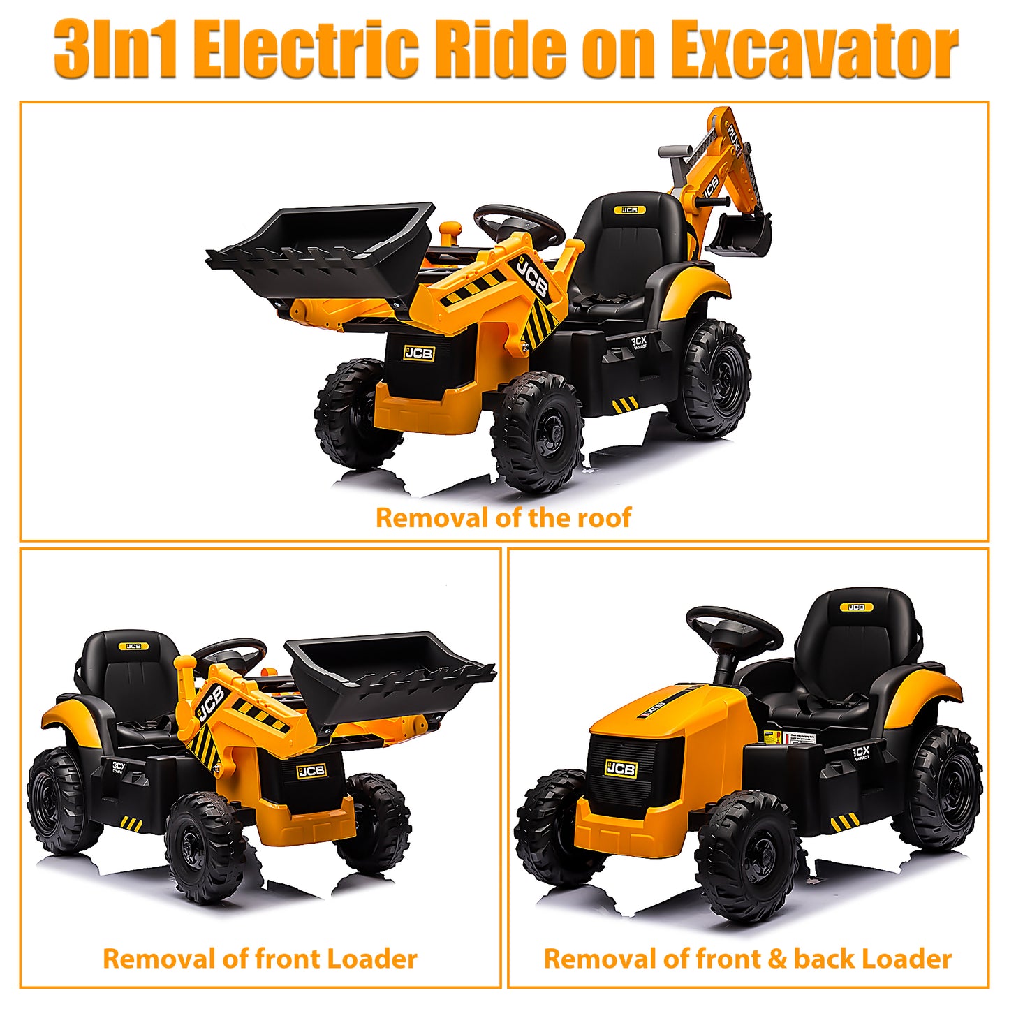 24V Kids Ride on Excavator Digger Toy Backhoe, JCB Battery Powered Electric Tractor with Remote Control, Ride on Construction Truck w/Adjustable Front and Back Loader for 3-6 Boys Girls, Yellow